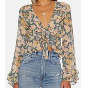 NWOT Free People Maybel Floral Print Ruffle Blouse Happy Combo M Beautiful Drape